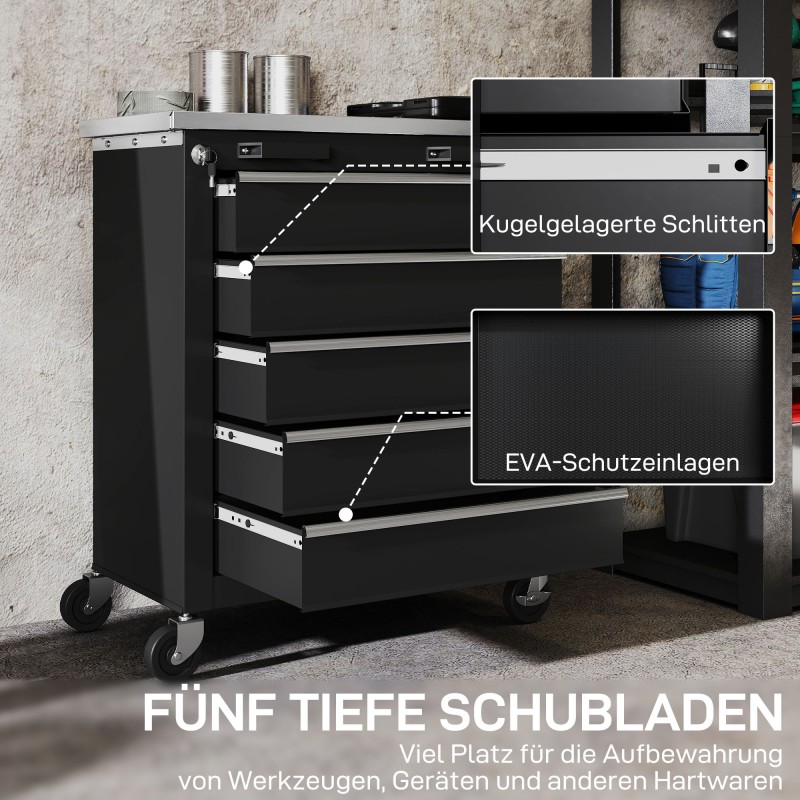 Siirrettävä työkalukaappi 5 laatikkoa teräs 65,5 x 34,5 x 76 cm musta hopea