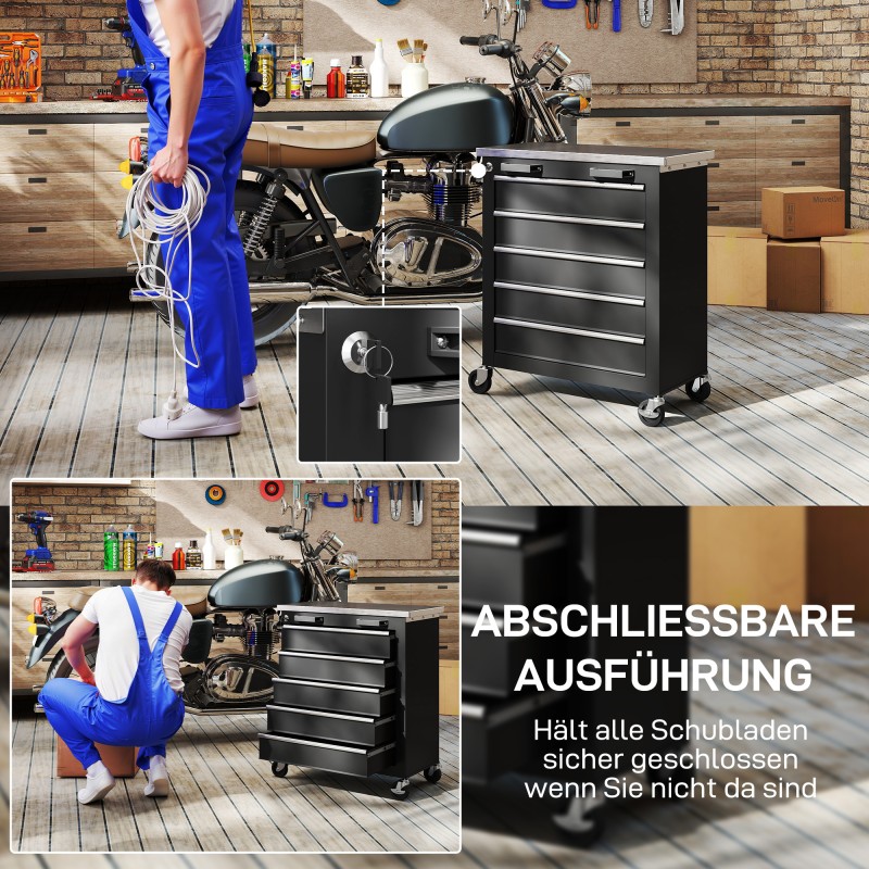 Siirrettävä työkalukaappi 5 laatikkoa teräs 65,5 x 34,5 x 76 cm musta hopea