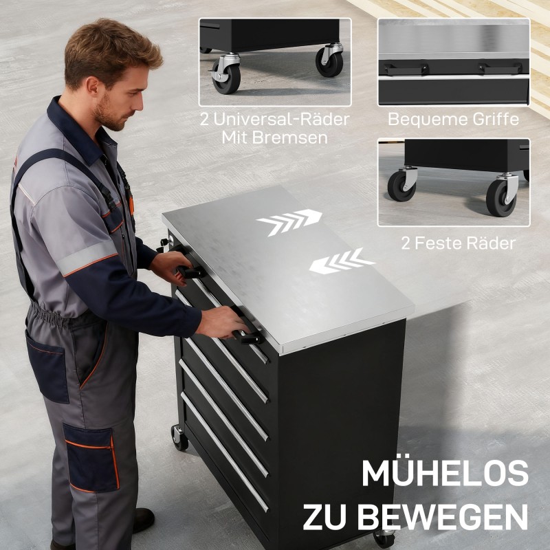 Siirrettävä työkalukaappi 5 laatikkoa teräs 65,5 x 34,5 x 76 cm musta hopea