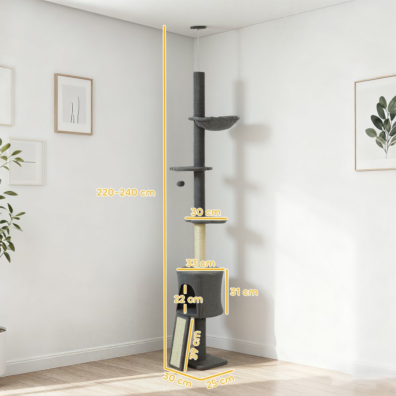 Kissapuu lattiasta kattoon, säädettävä 220–240 cm, 1–2 kissalle, sisal-raapimapuu, harmaa