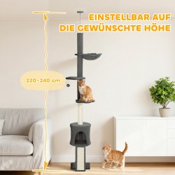 Kissapuu lattiasta kattoon, säädettävä 220–240 cm, 1–2 kissalle, sisal-raapimapuu, harmaa
