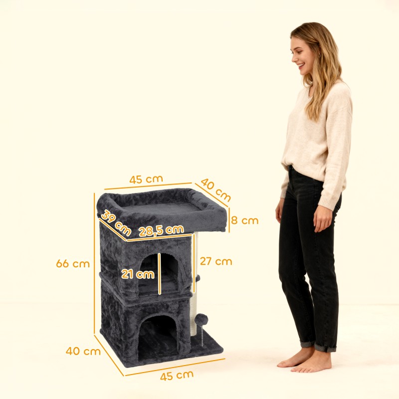 Kissan raapimis- ja kiipeilypuu 2 piilopesää, sisalpylväät, 45 x 40 x 66 cm, tummanharmaa/kermanvalkoinen