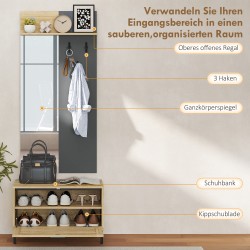 Eteiskalustesetti peilillä, kenkäpenkillä ja koukuilla, MDF/metalli, luonnonpuu/harmaa