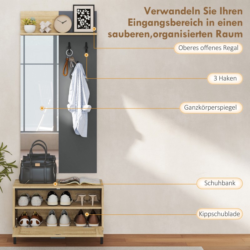 Eteiskalustesetti peilillä, kenkäpenkillä ja koukuilla, MDF/metalli, luonnonpuu/harmaa