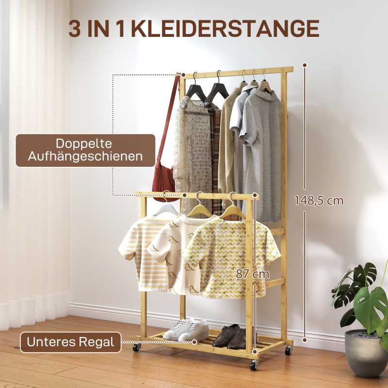 Vaateteline pyörillä bambua 80 x 40 x 160 cm, luonnonväri