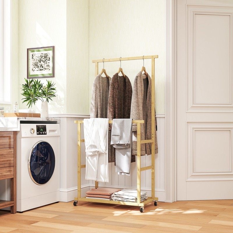 Vaateteline pyörillä bambua 80 x 40 x 160 cm, luonnonväri