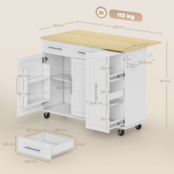 Siirrettävä keittiösaareke pyörillä, laajennettava työtaso, MDF, 129 x 65 x 91 cm, valkoinen