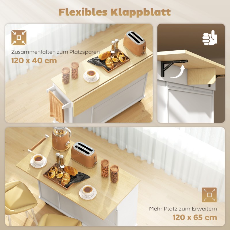 Siirrettävä keittiösaareke pyörillä, laajennettava työtaso, MDF, 129 x 65 x 91 cm, valkoinen