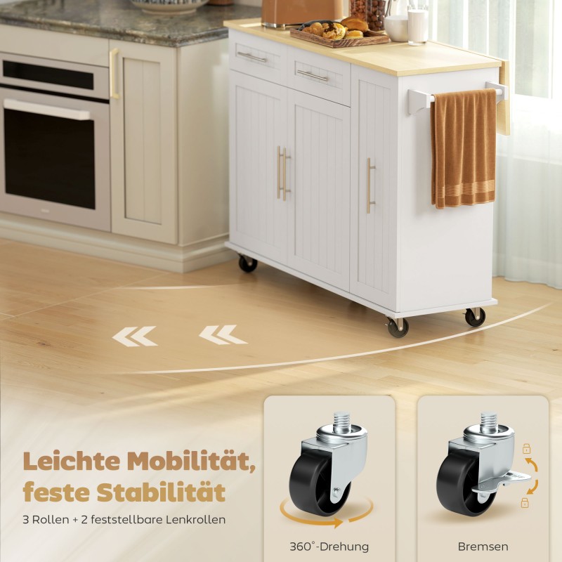 Siirrettävä keittiösaareke pyörillä, laajennettava työtaso, MDF, 129 x 65 x 91 cm, valkoinen
