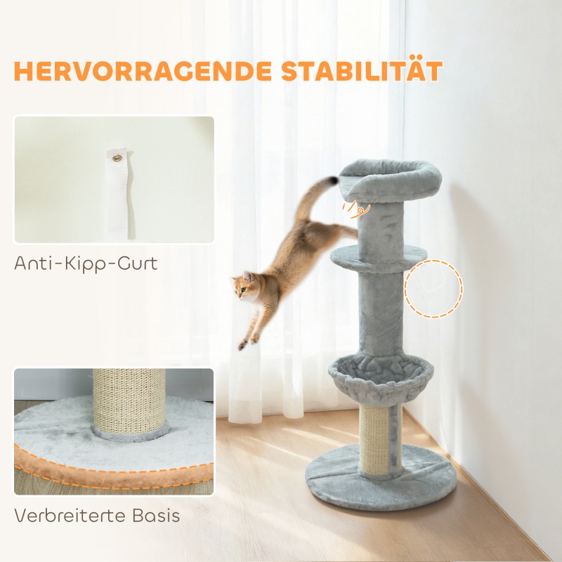 Kissan kiipeily- ja raapimapuu, paksu sisalraapimapylväs, monitasoinen, Ø48 x 103,5 cm, vaaleanharmaa