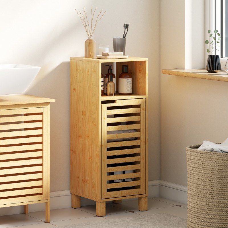 Kylpyhuonekaappi bambua 30 x 30 x 80 cm, avohylly ja ovellinen säilytyskaappi, vaaleanruskea