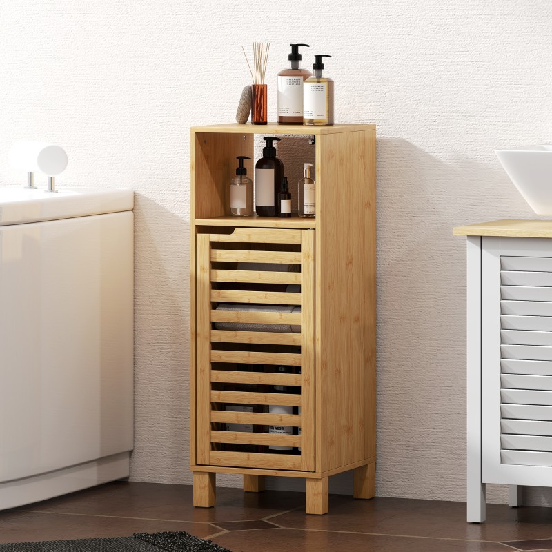 Kylpyhuonekaappi bambua 30 x 30 x 80 cm, avohylly ja ovellinen säilytyskaappi, vaaleanruskea