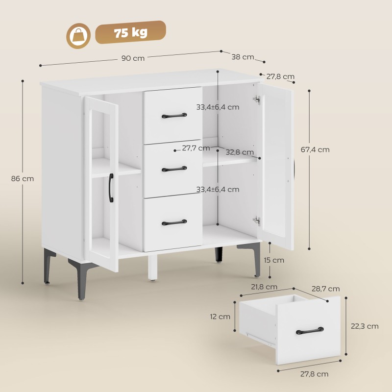 Moderni senkki soft close -ovilla, 3 laatikkoa, 2 lasiovea, MDF, 90x38x86 cm, valkoinen