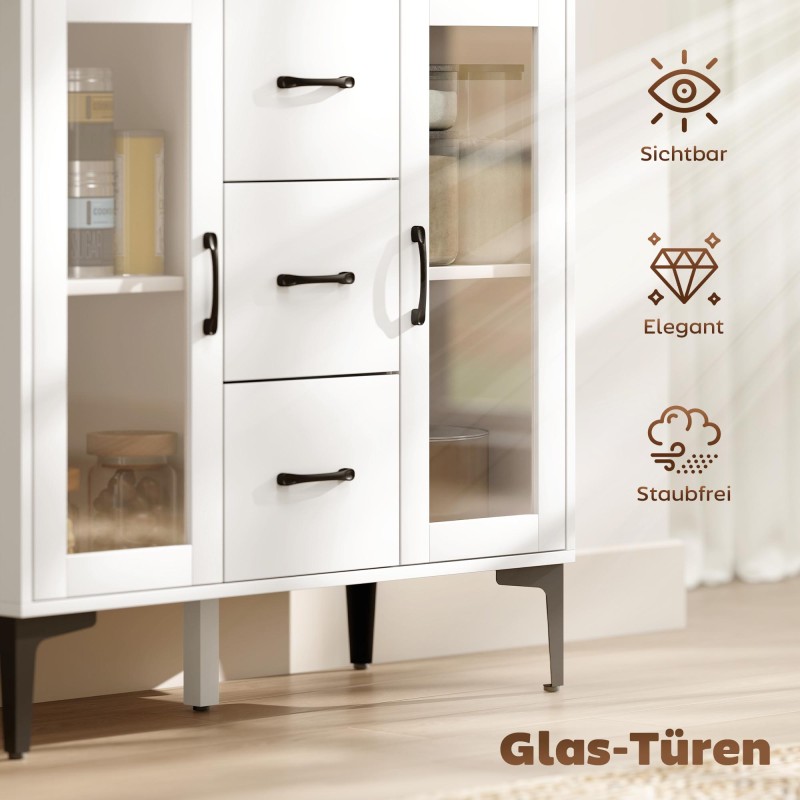 Moderni senkki soft close -ovilla, 3 laatikkoa, 2 lasiovea, MDF, 90x38x86 cm, valkoinen