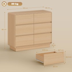 Säilytyskaluste 100 cm, 6 laatikkoa, MDF, luonnon puunsävy, olohuoneeseen ja keittiöön