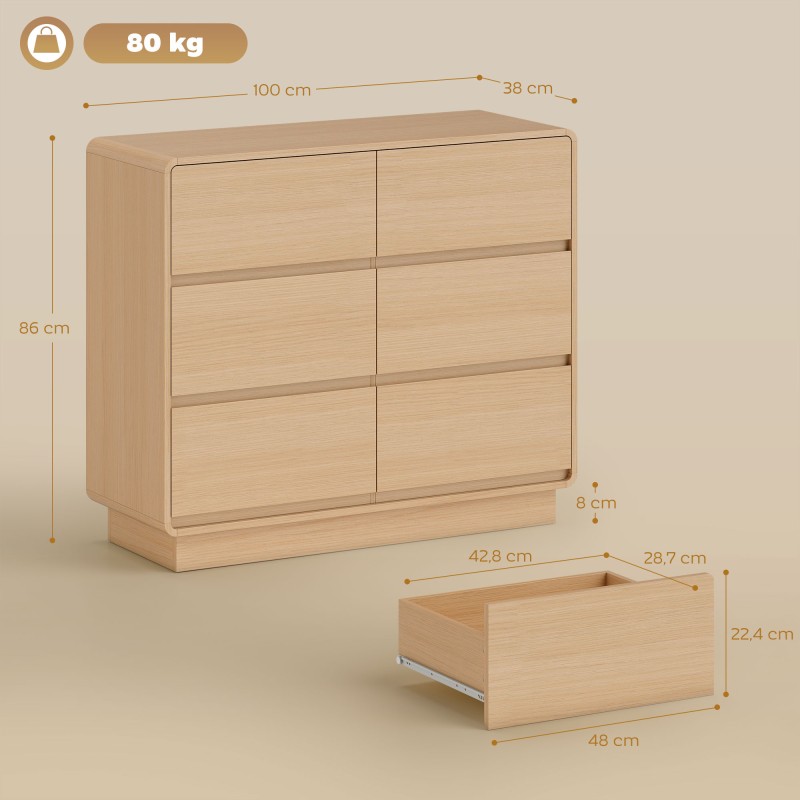 Säilytyskaluste 100 cm, 6 laatikkoa, MDF, luonnon puunsävy, olohuoneeseen ja keittiöön