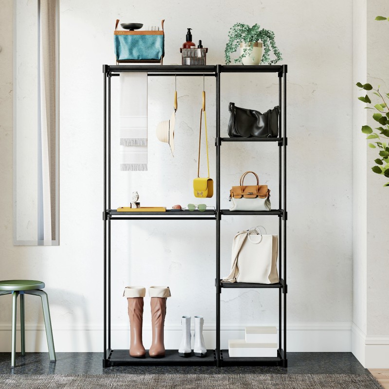 Kankainen vaatekaappi kahdella vaatetangolla ja hyllyillä 111 x 43 x 185 cm musta