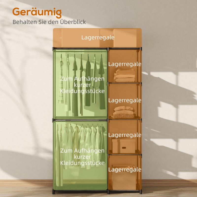 Siirrettävä vaatekaappi hengittävillä kangashyllyillä, metallirunko 142 x 43 x 185 cm, musta