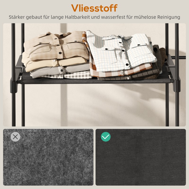 Siirrettävä vaatekaappi hengittävillä kangashyllyillä, metallirunko 142 x 43 x 185 cm, musta