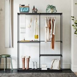 Siirrettävä vaatekaappi hengittävillä kangashyllyillä, metallirunko 142 x 43 x 185 cm, musta