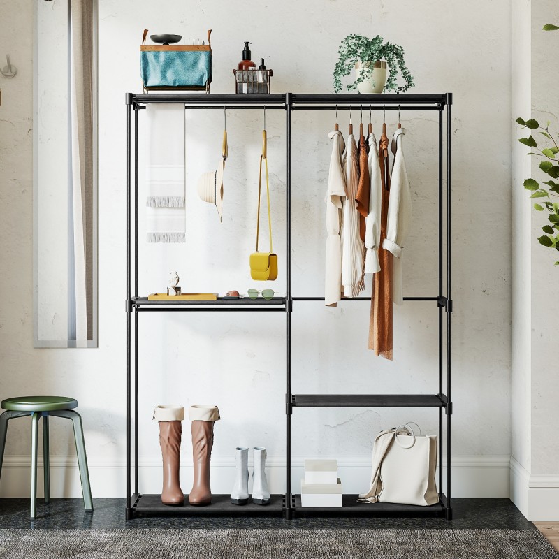 Siirrettävä vaatekaappi hengittävillä kangashyllyillä, metallirunko 142 x 43 x 185 cm, musta