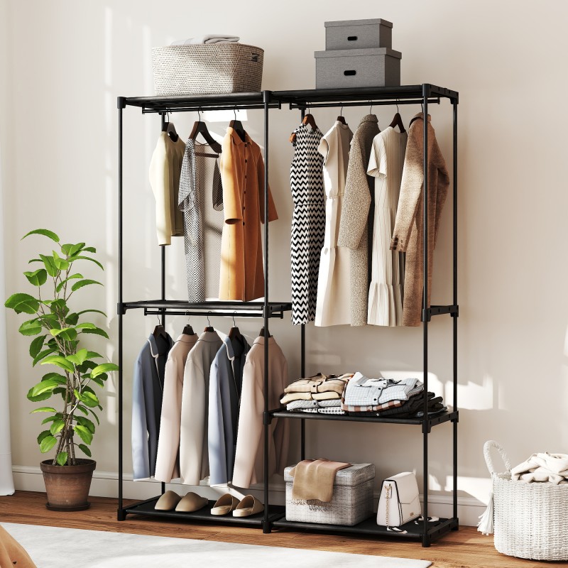 Siirrettävä vaatekaappi hengittävillä kangashyllyillä, metallirunko 142 x 43 x 185 cm, musta