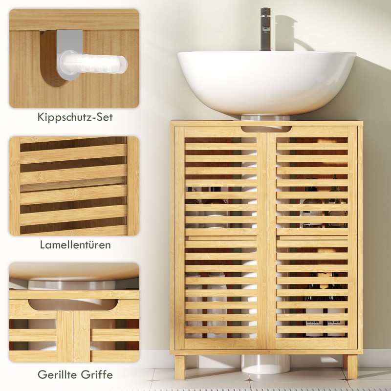 Allaskaappi kylpyhuoneeseen, bambua, lamelliovet, säädettävä hylly, 60 x 30 x 80 cm, luonnonvärinen