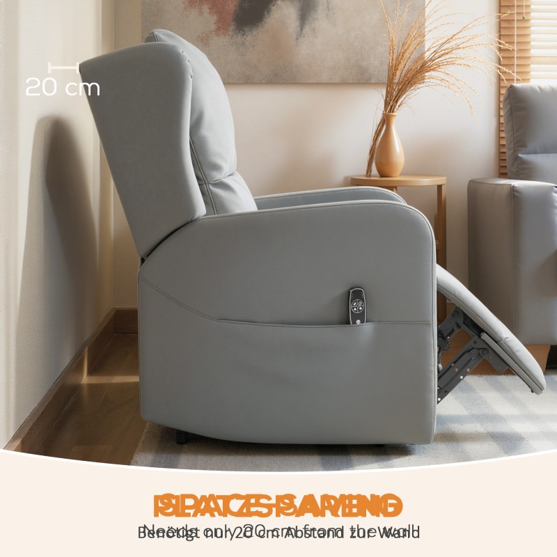 Sähköinen hierova lepotuoli, kallistuva selkänoja ja jalkatuki, nahkajäljitelmä, harmaa