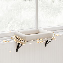 Kissan ikkunalautapeti ja patteripedin riippumatto, mäntyrunko, tyyny, 50 x 36 x 24 cm, valkoinen