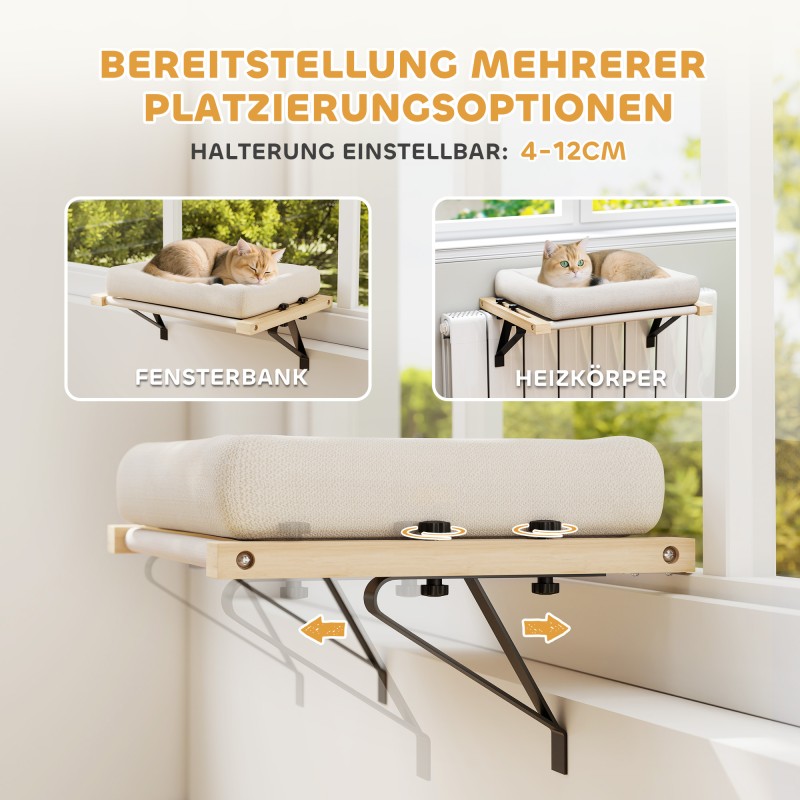 Kissan ikkunalautapeti ja patteripedin riippumatto, mäntyrunko, tyyny, 50 x 36 x 24 cm, valkoinen