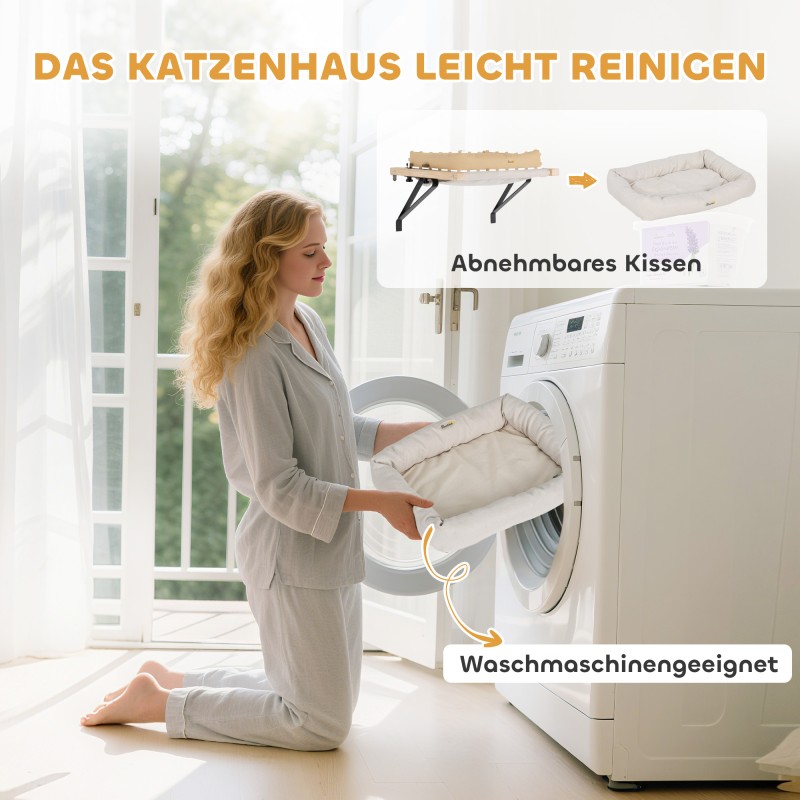 Kissan ikkunalautapeti ja patteripedin riippumatto, mäntyrunko, tyyny, 50 x 36 x 24 cm, valkoinen