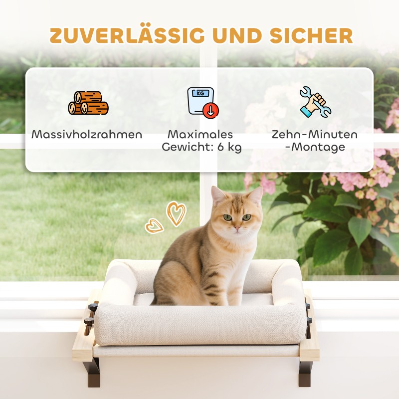 Kissan ikkunalautapeti ja patteripedin riippumatto, mäntyrunko, tyyny, 50 x 36 x 24 cm, valkoinen