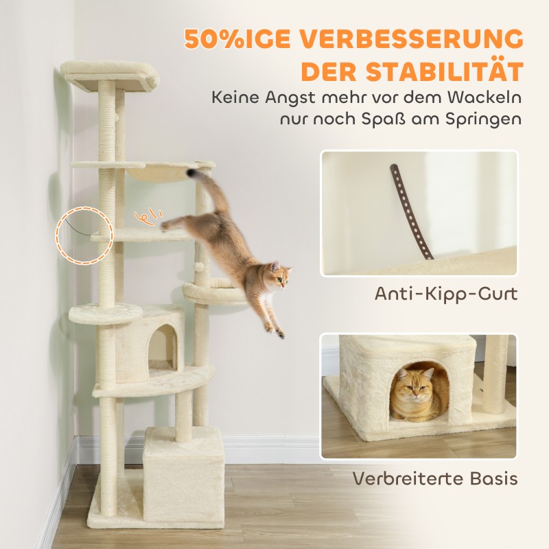 Kissan kiipeilypuu ja raapimapuu 200 cm, usealle kissalle, sisal/plyyssi, beige