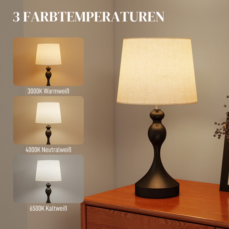 LED-pöytävalaisin 3 värilämpötilaa USB-A ja USB-C -latausliitännät teräs pellavavarjostin musta