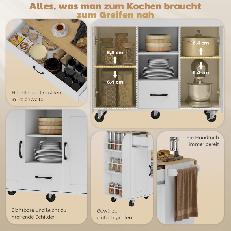 Siirrettävä keittiösaareke taitettavalla työtasolla, laatikot ja kaapit, MDF, valkoinen