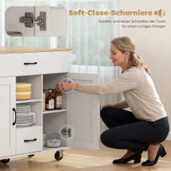 Siirrettävä keittiösaareke taitettavalla työtasolla, laatikot ja kaapit, MDF, valkoinen