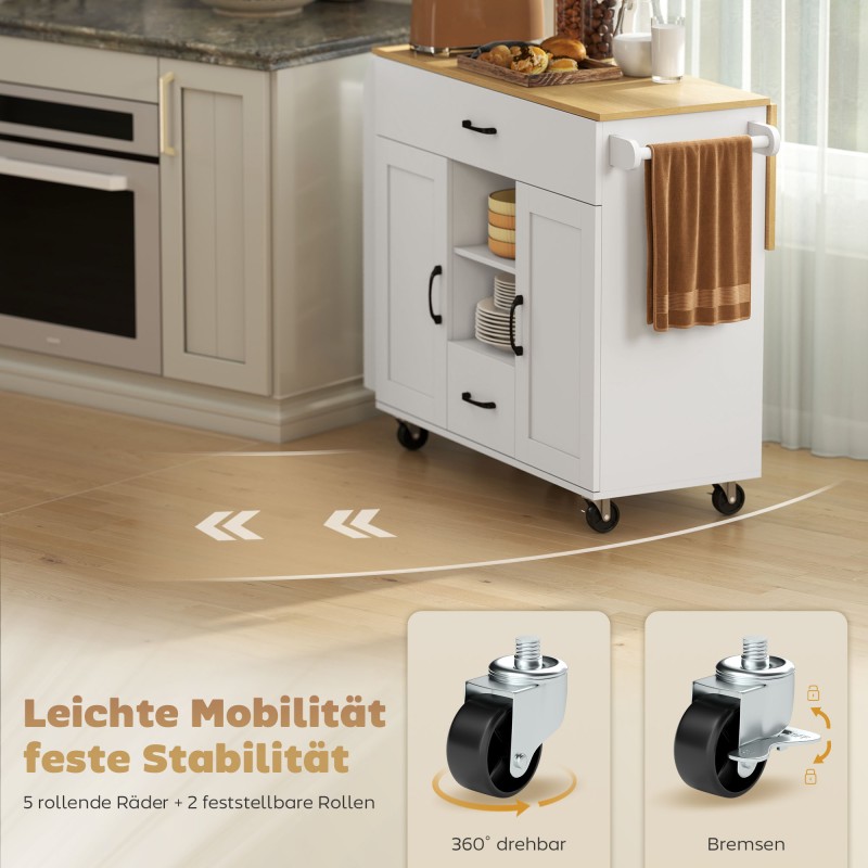 Siirrettävä keittiösaareke taitettavalla työtasolla, laatikot ja kaapit, MDF, valkoinen