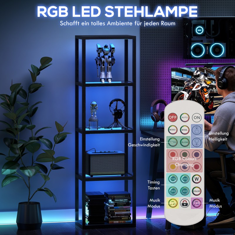 RGB lattiavalaisin lasihyllyillä, 4-tasoinen LED-stehlampe kaukosäätimellä ja musiikkisynkronoinnilla, musta