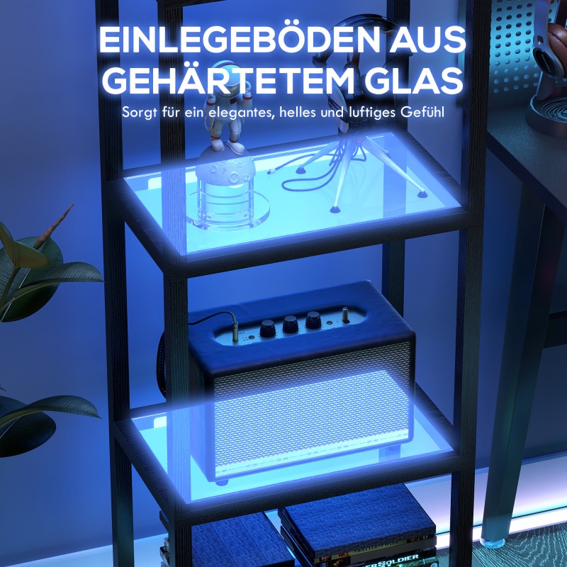 RGB lattiavalaisin lasihyllyillä, 4-tasoinen LED-stehlampe kaukosäätimellä ja musiikkisynkronoinnilla, musta