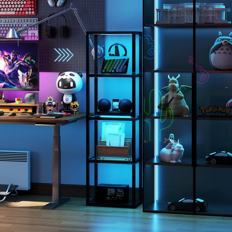 RGB lattiavalaisin lasihyllyillä, 4-tasoinen LED-stehlampe kaukosäätimellä ja musiikkisynkronoinnilla, musta