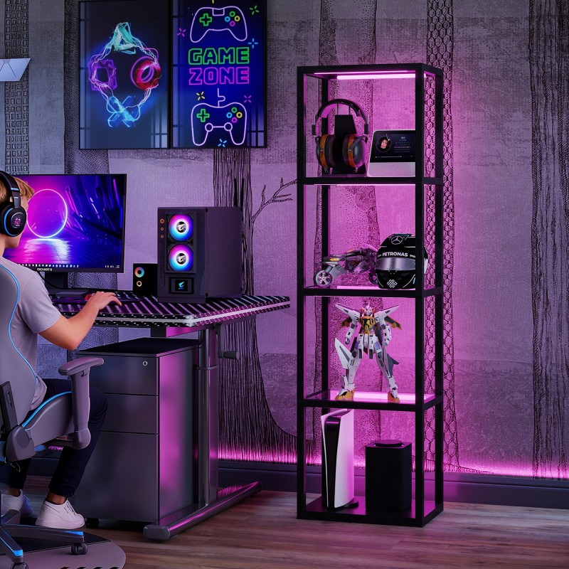 RGB lattiavalaisin lasihyllyillä, 4-tasoinen LED-stehlampe kaukosäätimellä ja musiikkisynkronoinnilla, musta