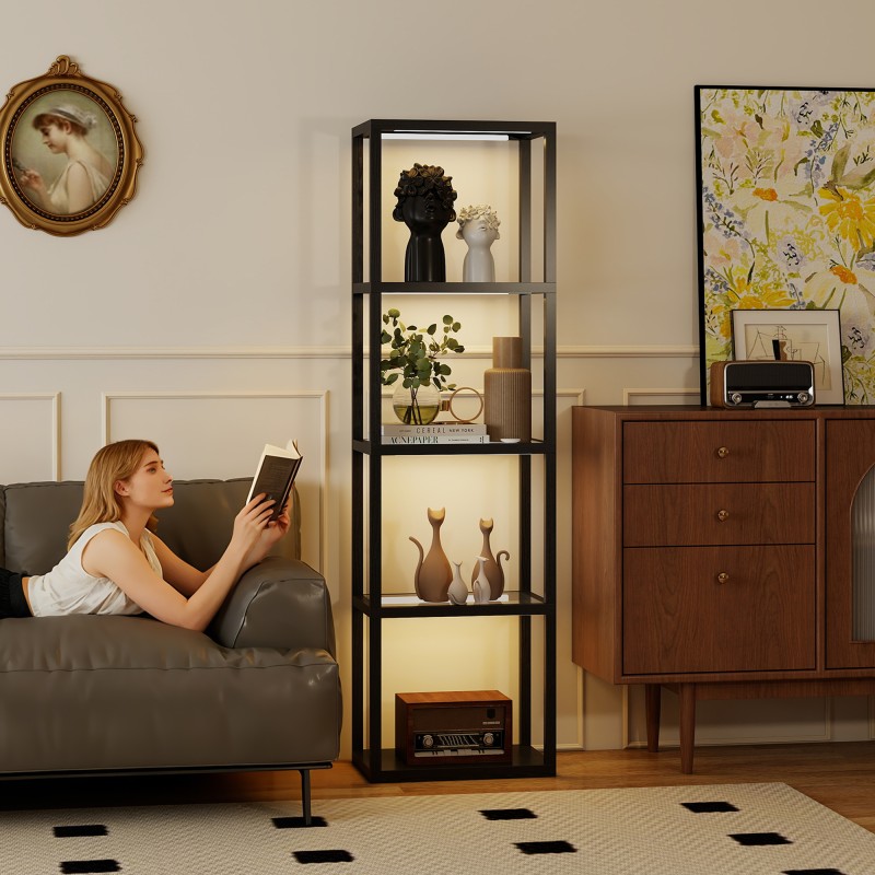 RGB lattiavalaisin lasihyllyillä, 4-tasoinen LED-stehlampe kaukosäätimellä ja musiikkisynkronoinnilla, musta