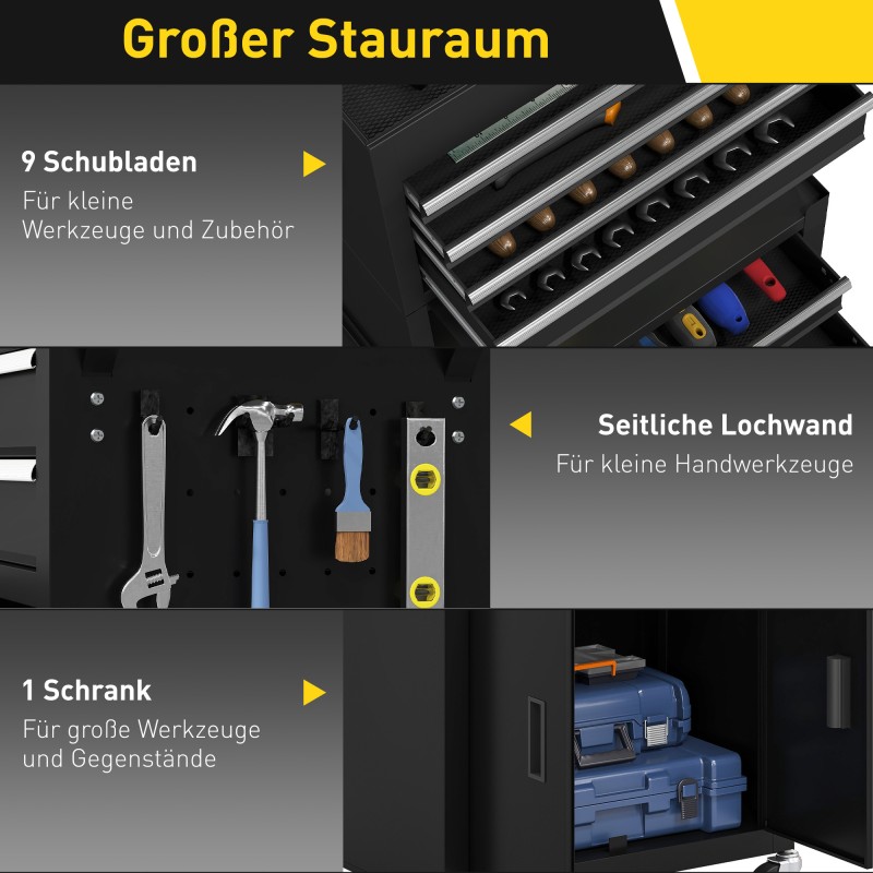 Työkalusäilytysvaunu 3-in-1, teräs, 9 laatikkoa, lukittava, musta