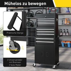Työkalusäilytysvaunu 3-in-1, teräs, 9 laatikkoa, lukittava, musta