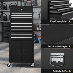 Työkalusäilytysvaunu 3-in-1, teräs, 9 laatikkoa, lukittava, musta