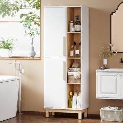 Kirjahylly ja säilytyskaappi 176 cm, 4 avointa hyllyä, 2 kaappia, lastulevy ja MDF, valkoinen luonnonpuun sävyillä