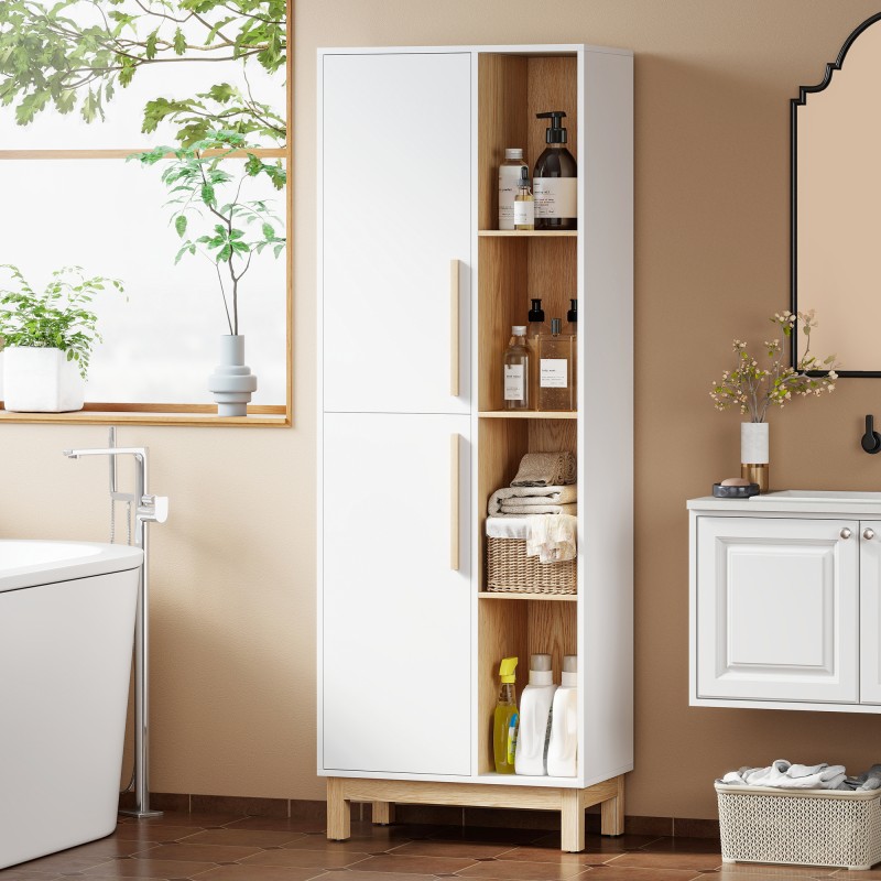 Kirjahylly ja säilytyskaappi 176 cm, 4 avointa hyllyä, 2 kaappia, lastulevy ja MDF, valkoinen luonnonpuun sävyillä