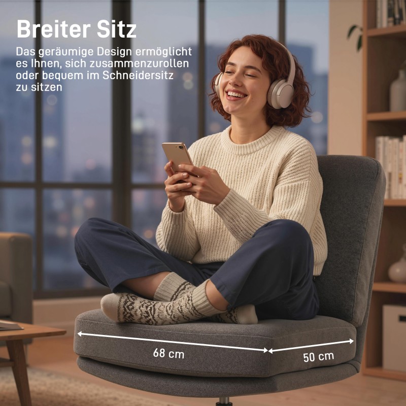 Lepotuoli ja jalkatuki olohuoneeseen, kääntyvä teräsjalusta, pellavapintaa muistuttava kangas, tummanharmaa