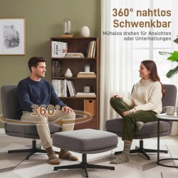 Lepotuoli ja jalkatuki olohuoneeseen, kääntyvä teräsjalusta, pellavapintaa muistuttava kangas, tummanharmaa