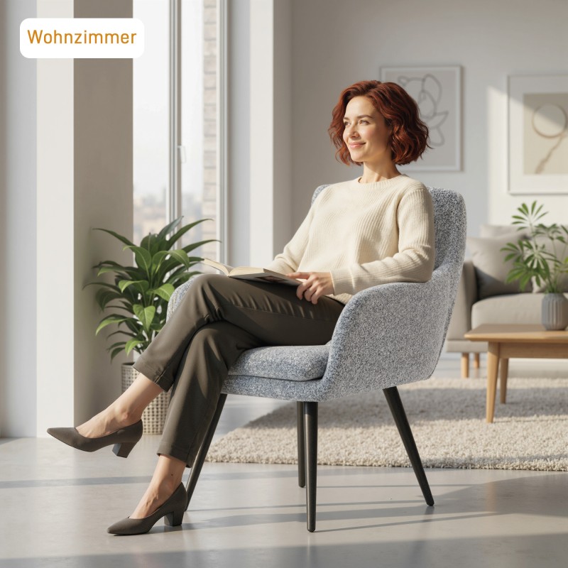 Moderni nojatuoli olohuoneeseen, pellavapintainen kangas, metallijalat, vaaleanharmaa